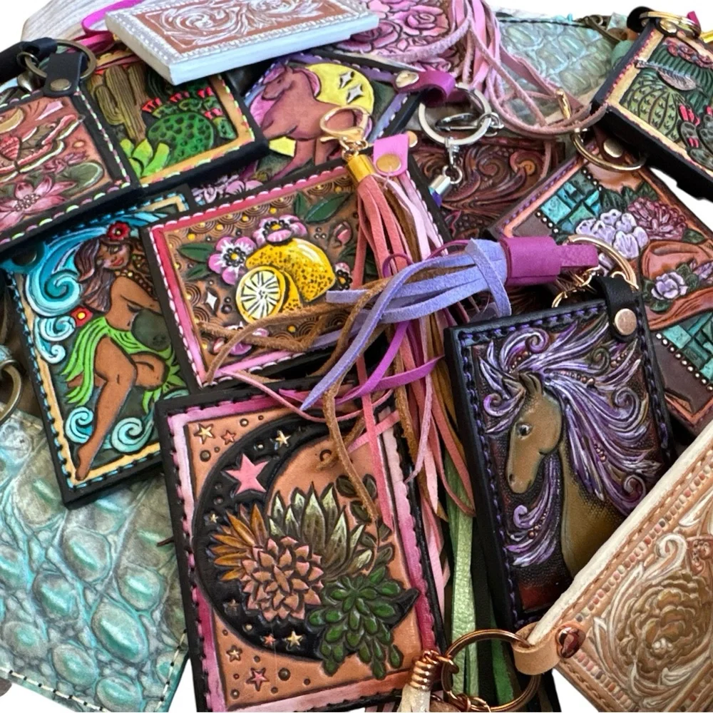 Artisan Handmade Western Southwest Leather Card Holder Cowgirl Keychain Wallet